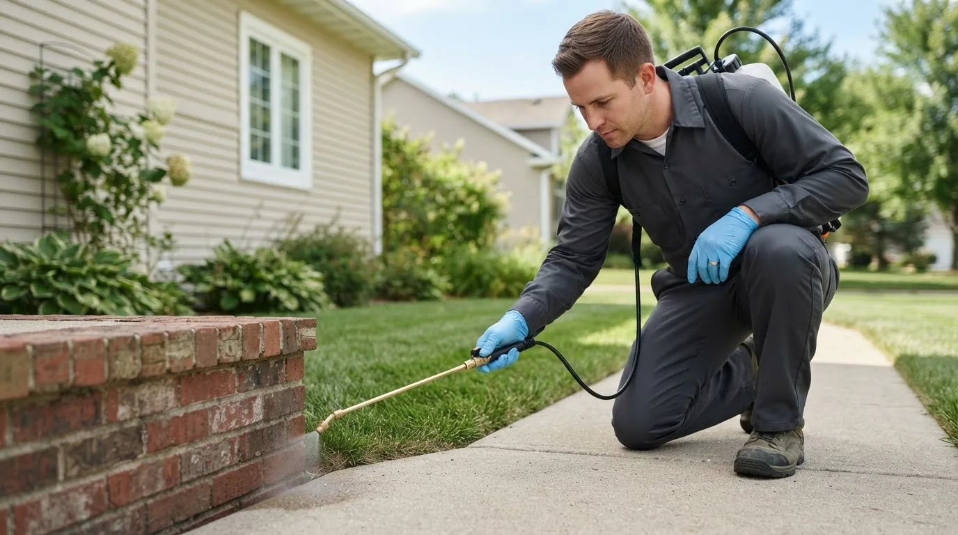 Pest control technician treating a home near Ross, ND