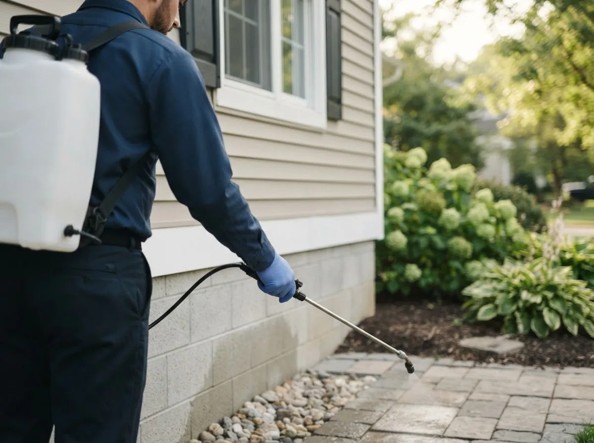 Pest control technician inspecting a home in Ross, ND